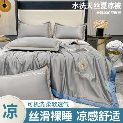 91家纺网 家纺一手货源 找家纺 苏米娜2023A类水洗天丝真丝刺绣凉感夏被四件套双层纱水洗棉麻棉花夏被 居里夫人--奶油粉