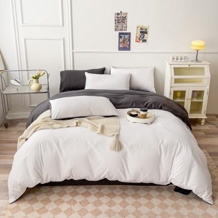 棠颂 2023新款母婴级水洗棉纯色双拼四件套 白+深灰