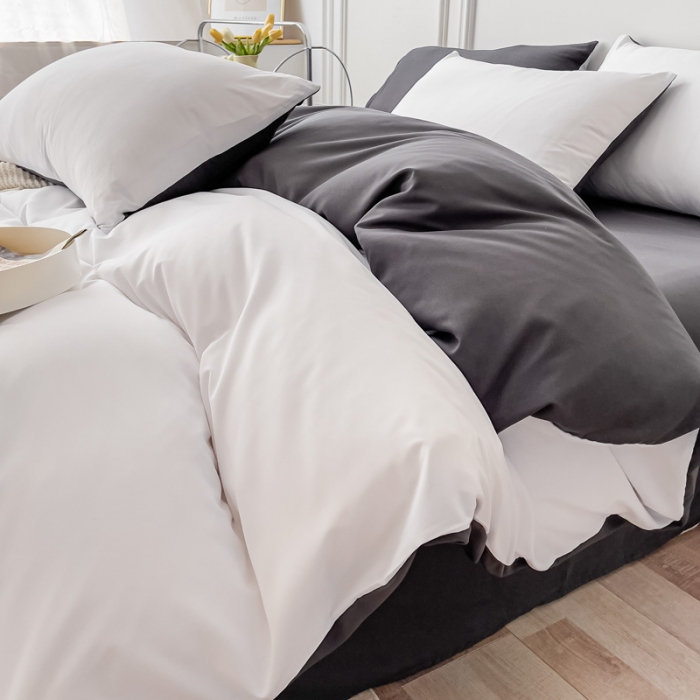 91家纺网 家纺一手货源 找家纺 棠颂 2023新款母婴级水洗棉纯色双拼四件套 白+深灰