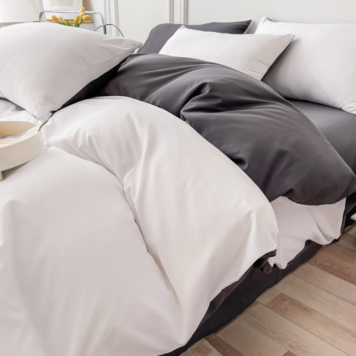 91家纺网 家纺一手货源 找家纺 棠颂 2023新款母婴级水洗棉纯色双拼四件套 白+深灰