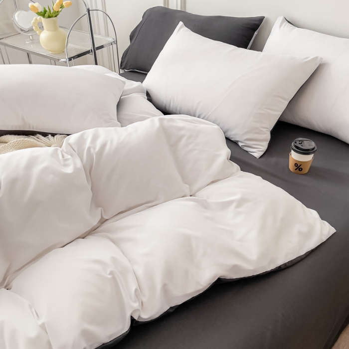 91家纺网 家纺一手货源 找家纺 棠颂 2023新款母婴级水洗棉纯色双拼四件套 白+深灰