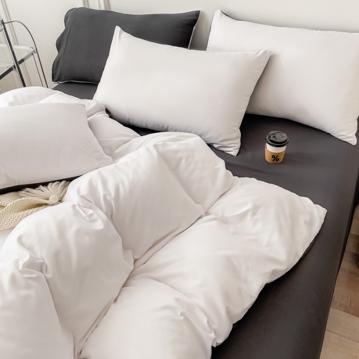 91家纺网 家纺一手货源 找家纺 棠颂 2023新款母婴级水洗棉纯色双拼四件套 白+深灰