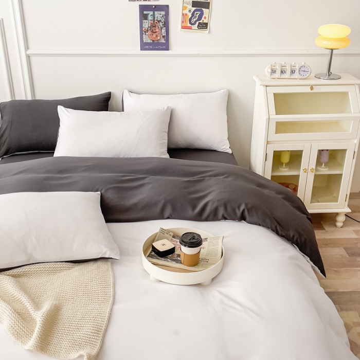 91家纺网 家纺一手货源 找家纺 棠颂 2023新款母婴级水洗棉纯色双拼四件套 白+深灰