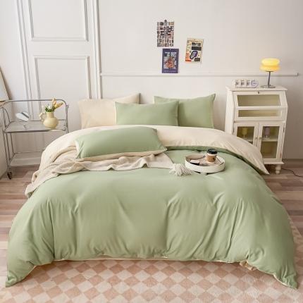 棠颂 2023新款母婴级水洗棉纯色双拼四件套 浅绿+浅黄