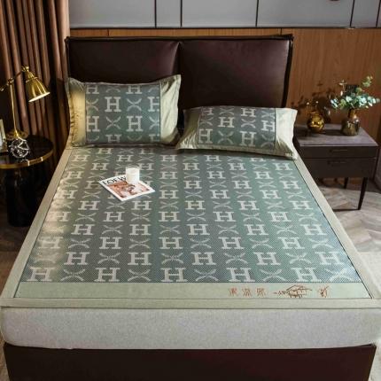 91家纺网 家纺一手货源 找家纺 全季家居 2023新款加厚加密宽边刺绣提花冰藤凉席-床席款 字母-水绿