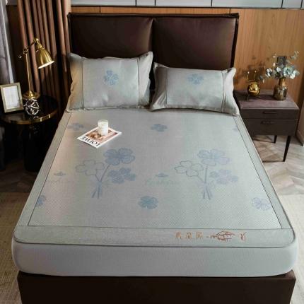 91家纺网 家纺一手货源 找家纺 全季家居 2023新款加厚加密宽边刺绣提花冰藤凉席-床笠款 夏花-烟灰