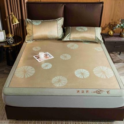 91家纺网 家纺一手货源 找家纺 全季家居 2023新款加厚加密宽边刺绣提花冰藤凉席-床笠款 团扇-娇黄