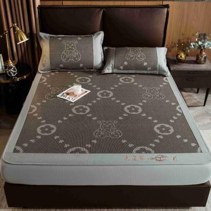 91家纺网 家纺一手货源 找家纺 全季家居 2023加厚加密宽边刺绣提花冰藤凉席-床笠款 呆呆熊-灰色