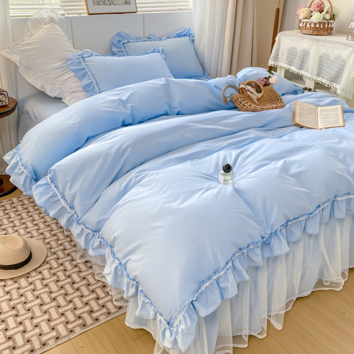 91家纺网 家纺一手货源 找家纺 花香四季2023仙女全棉四件套少女心公主风床裙纯棉网红被套爆款爱丽丝蓝