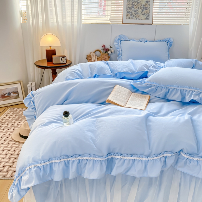 91家纺网 家纺一手货源 找家纺 花香四季2023仙女全棉四件套少女心公主风床裙纯棉网红被套爆款爱丽丝蓝