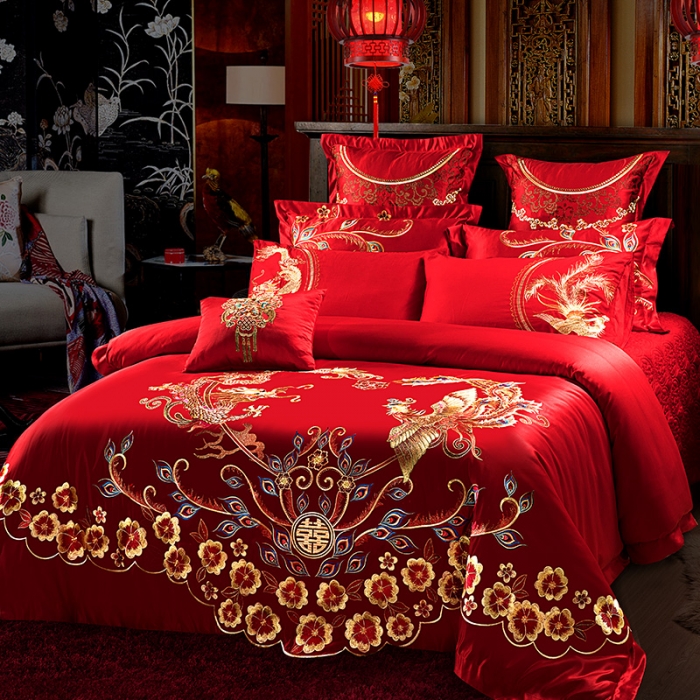 91家纺网 家纺一手货源 找家纺 2025新款亲肤棉绣花刺绣婚庆四件套 龙凤和美