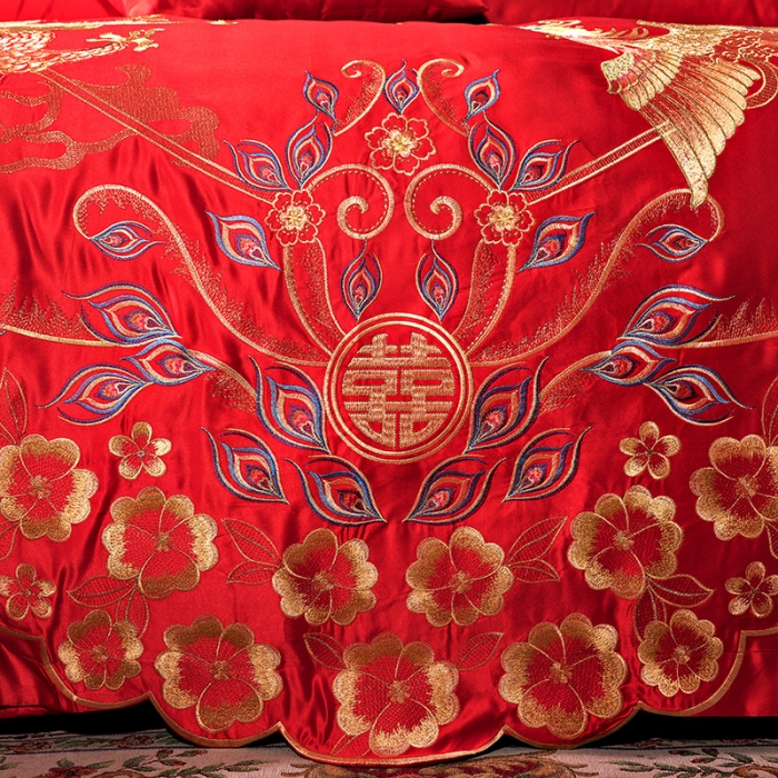 91家纺网 家纺一手货源 找家纺 2025新款亲肤棉绣花刺绣婚庆四件套 龙凤和美