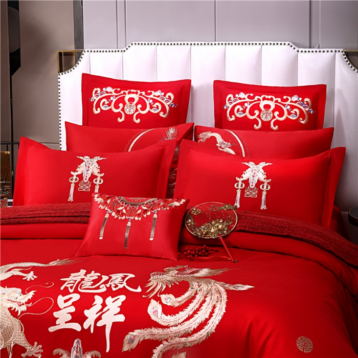 91家纺网 家纺一手货源 找家纺 2025新款亲肤棉绣花刺绣婚庆四件套 龙凤祥贺