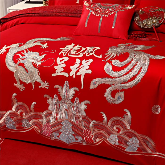 91家纺网 家纺一手货源 找家纺 2025新款亲肤棉绣花刺绣婚庆四件套 龙凤祥贺