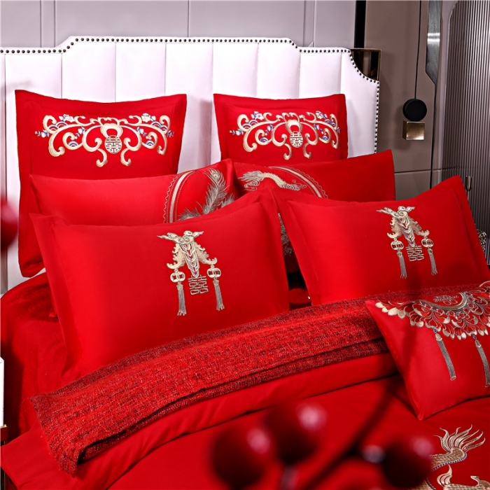 91家纺网 家纺一手货源 找家纺 2025新款亲肤棉绣花刺绣婚庆四件套 龙凤祥贺