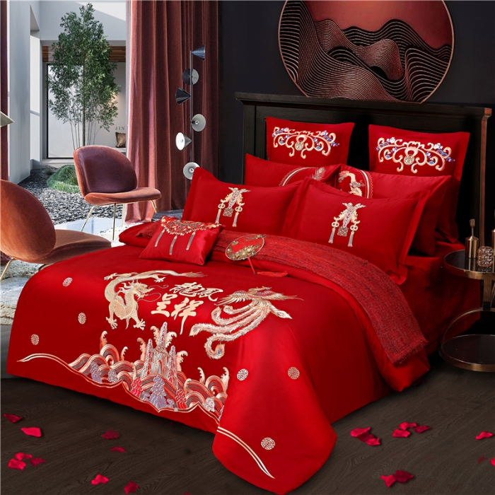 91家纺网 家纺一手货源 找家纺 2025新款亲肤棉绣花刺绣婚庆四件套 龙凤祥贺