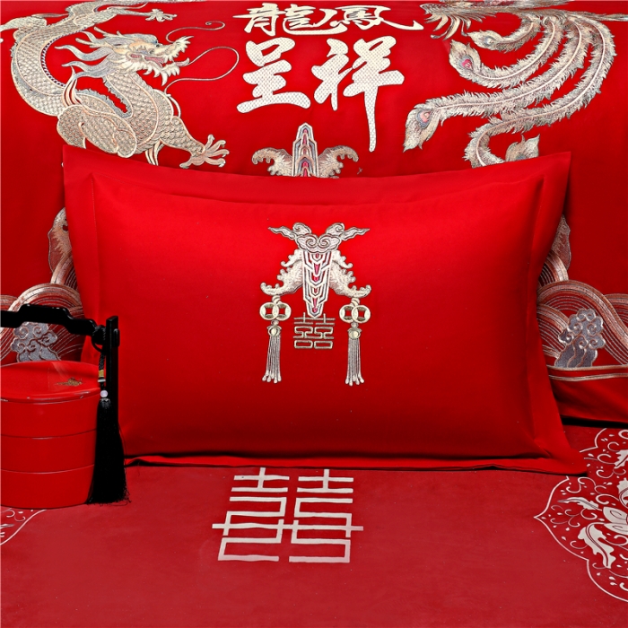 91家纺网 家纺一手货源 找家纺 2025新款亲肤棉绣花刺绣婚庆四件套 龙凤祥贺