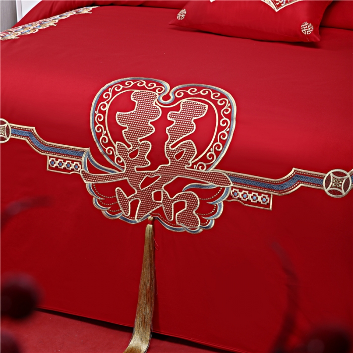 91家纺网 家纺一手货源 找家纺 2025新款亲肤棉绣花刺绣婚庆四件套 喜事成双