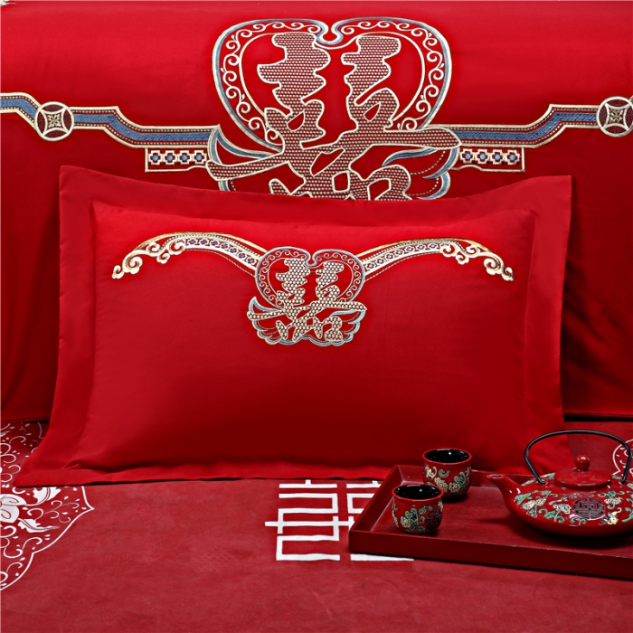 91家纺网 家纺一手货源 找家纺 2025新款亲肤棉绣花刺绣婚庆四件套 喜事成双