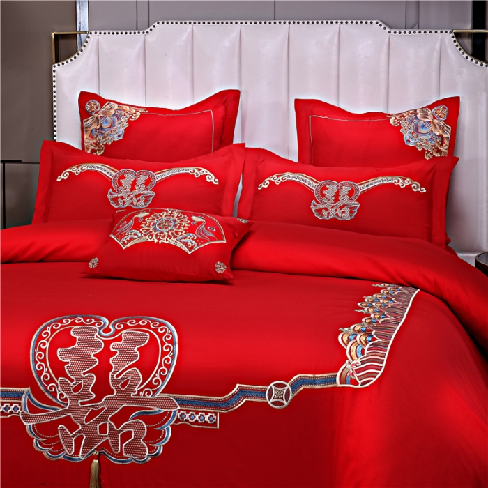 91家纺网 家纺一手货源 找家纺 2025新款亲肤棉绣花刺绣婚庆四件套 喜事成双