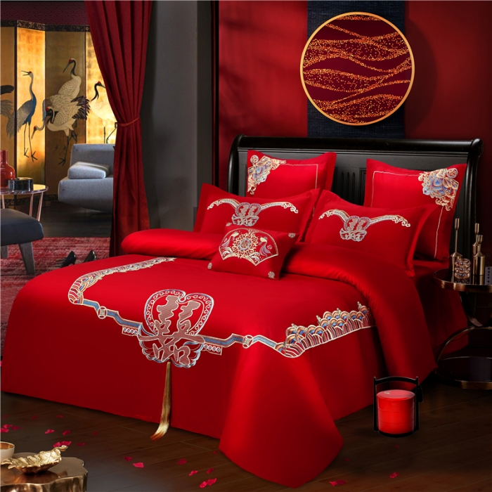 91家纺网 家纺一手货源 找家纺 2025新款亲肤棉绣花刺绣婚庆四件套 喜事成双