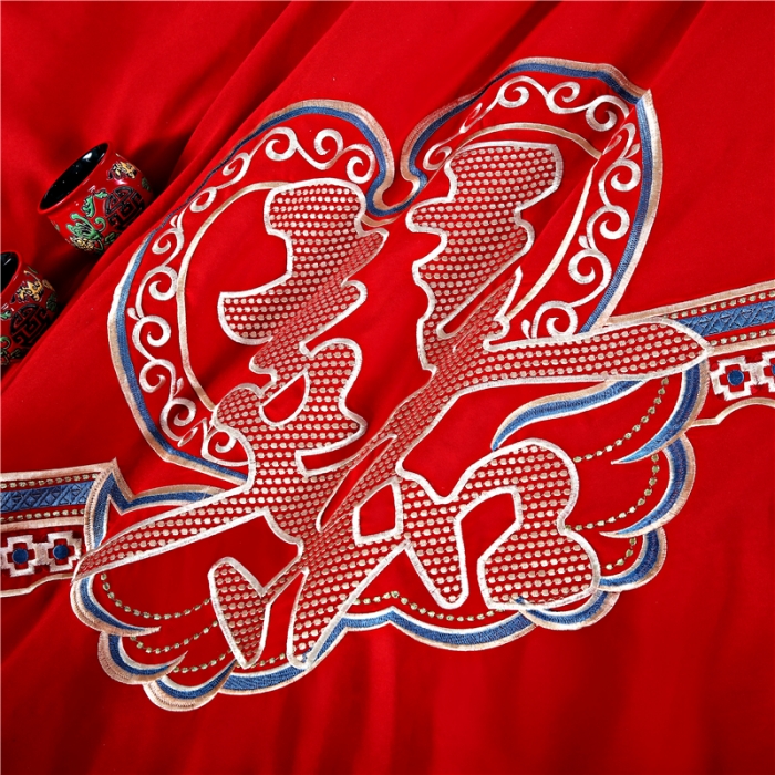 91家纺网 家纺一手货源 找家纺 2025新款亲肤棉绣花刺绣婚庆四件套 喜事成双