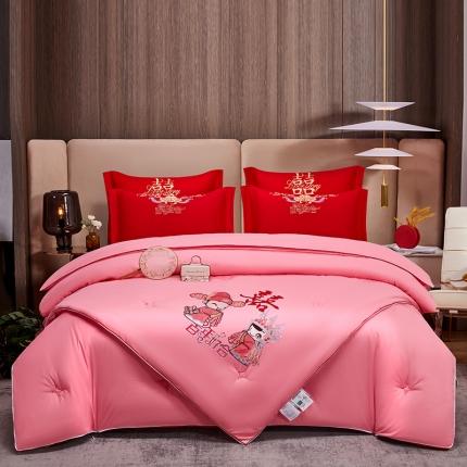 91家纺网 家纺一手货源 找家纺 2025新款水洗磨毛婚庆大豆子母被 百年好合（桃红+桃红）
