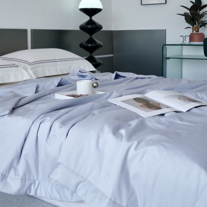 91家纺网 家纺一手货源 找家纺 榻尚 2023新款100支贡缎长绒棉超柔夏被空调被子被芯 天青色