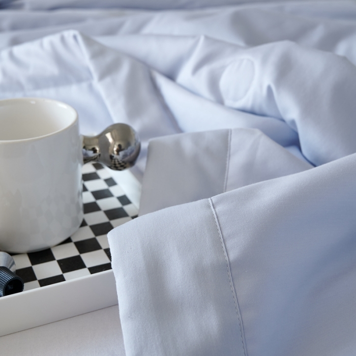 91家纺网 家纺一手货源 找家纺 榻尚 2023新款100支贡缎长绒棉超柔夏被空调被子被芯 天青色