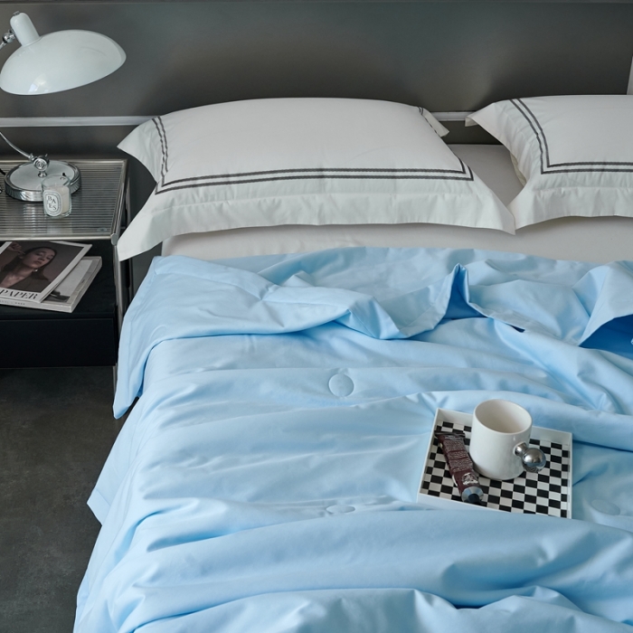 91家纺网 家纺一手货源 找家纺 榻尚 2023新款100支贡缎长绒棉超柔夏被空调被子被芯 天真蓝