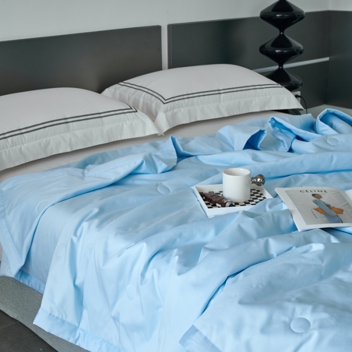 91家纺网 家纺一手货源 找家纺 榻尚 2023新款100支贡缎长绒棉超柔夏被空调被子被芯 天真蓝