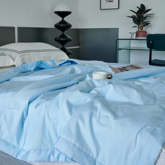 91家纺网 家纺一手货源 找家纺 榻尚 2023新款100支贡缎长绒棉超柔夏被空调被子被芯 天真蓝