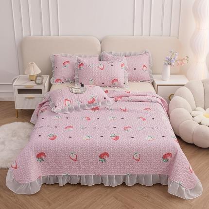 91家纺网 家纺一手货源 找家纺 梓依 2023新款 亲肤夹棉床盖系列 草莓-粉