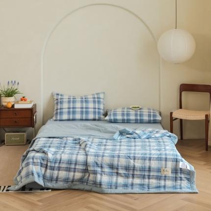 91家纺网 家纺一手货源 找家纺 寐眠 2023新款全棉色织水洗棉夏被四件套被芯夏凉被子 春彩蓝格