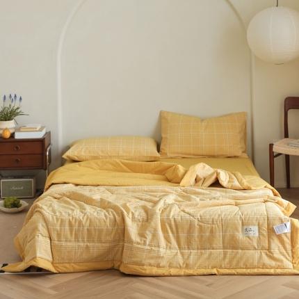 91家纺网 家纺一手货源 找家纺 寐眠 2023新款全棉色织水洗棉夏被四件套被芯夏凉被子 柠檬黄格
