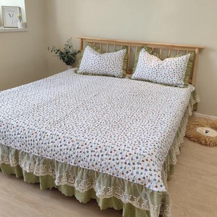 91家纺网 家纺一手货源 找家纺 舒居 2023新款A类水洗棉麻大花边床盖床单 樱桃绿