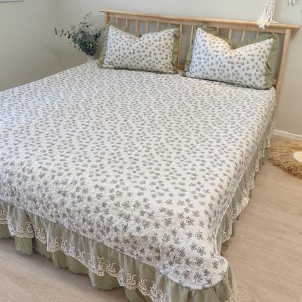 91家纺网 家纺一手货源 找家纺 舒居 2023新款A类水洗棉麻大花边床盖床单 绿色小花