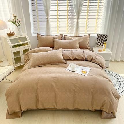 91家纺网 家纺一手货源 找家纺 韩秀2024款13372提花华夫格60s贝壳绣全棉四件套 罗曼-驼色