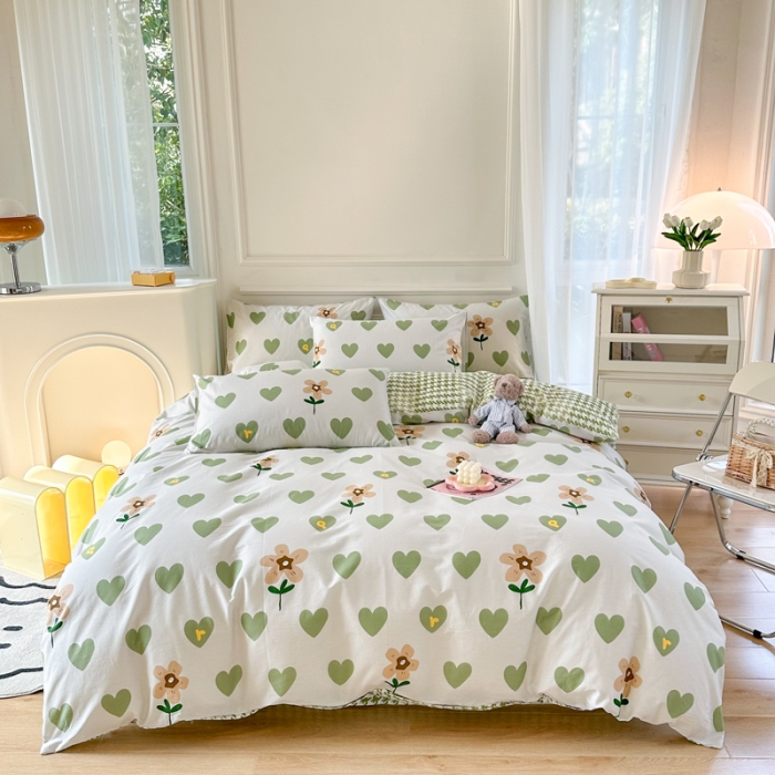 91家纺网 家纺一手货源 找家纺 星巴k家纺2023新款全棉花卉印花简约卡通款多规格四件套 阿芙佳朵绿