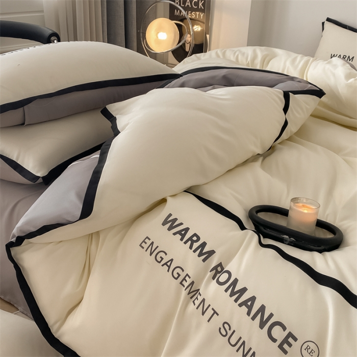 91家纺网 家纺一手货源 找家纺 眠帛家居2023新款A类气质极简水洗棉四件套 奶昔白浅灰