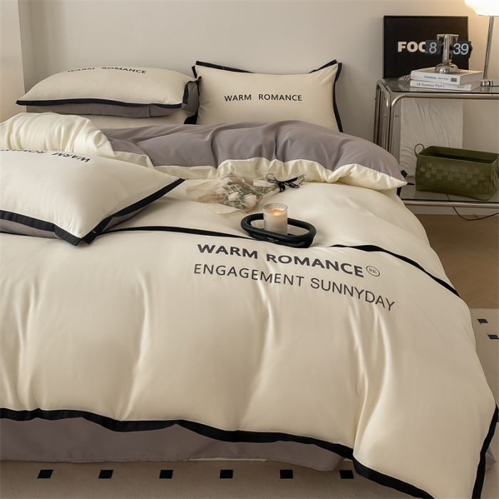 91家纺网 家纺一手货源 找家纺 眠帛家居2023新款A类气质极简水洗棉四件套 奶昔白浅灰