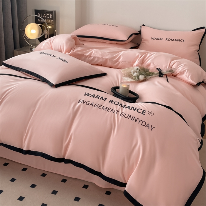 91家纺网 家纺一手货源 找家纺 眠帛家居2023新款A类气质极简水洗棉四件套 奶油粉