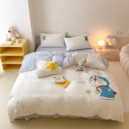 91家纺网 家纺一手货源 找家纺 猪先生 2023新款 叮当猫纯棉绣花四件套 捂嘴哆啦蓝