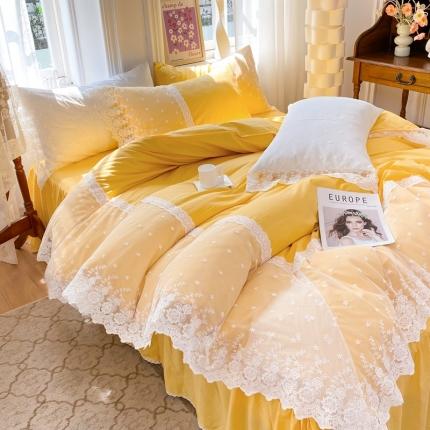 91家纺网 家纺一手货源 找家纺 花香四季 网红新款全棉法式浪漫蕾丝四件套少女心公主风床裙纯 黄