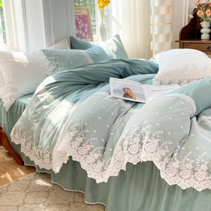 91家纺网 家纺一手货源 找家纺 花香四季 网红新款全棉法式浪漫蕾丝四件套少女心公主风床裙纯 抹茶绿