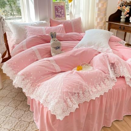 91家纺网 家纺一手货源 找家纺 花香四季 网红新款全棉法式浪漫蕾丝四件套少女心公主风床裙纯 粉