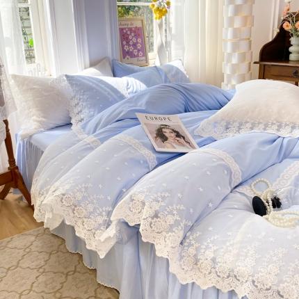 91家纺网 家纺一手货源 找家纺 花香四季 网红新款全棉法式浪漫蕾丝四件套少女心公主风床裙纯 蓝