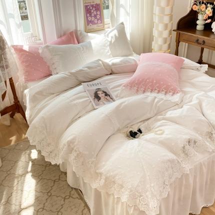 91家纺网 家纺一手货源 找家纺 花香四季 网红新款全棉法式浪漫蕾丝四件套少女心公主风床裙纯 白