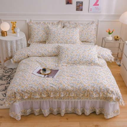 91家纺网 家纺一手货源 找家纺 2023仙女风欧根纱全棉床盖三件套蕾丝花边夹棉纯棉床单四件套