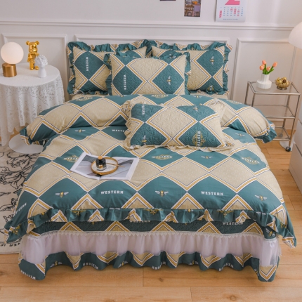 91家纺网 家纺一手货源 找家纺 2023仙女风欧根纱全棉床盖三件套蕾丝花边夹棉纯棉床单四件套